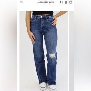 High-Rise Straight-Leg Jeans in Dark Blue with Knee Distress